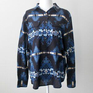 Chaps Denim Blue 100% Cotton Geometric Print Button-Up Fall Flannel Shirt Large